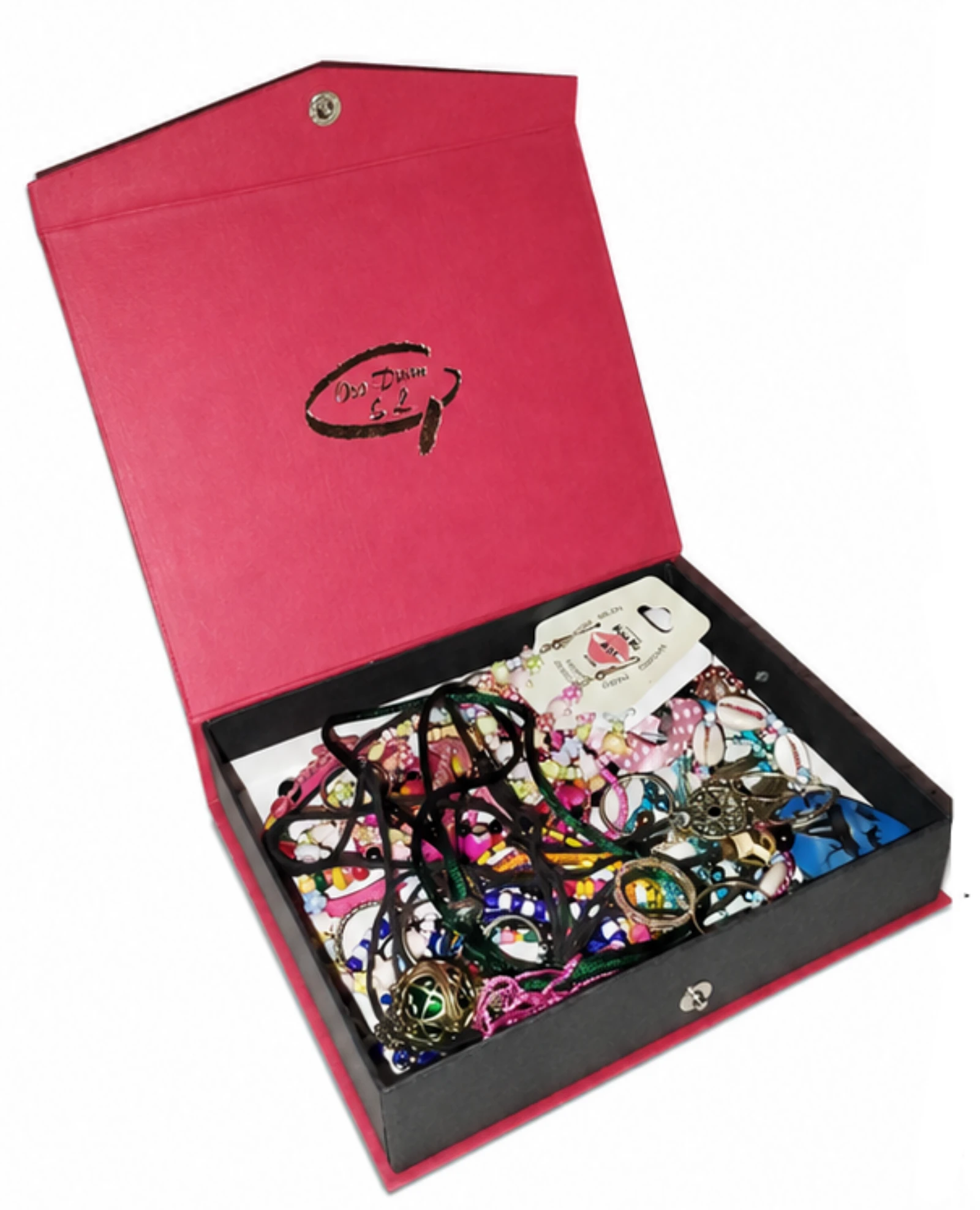 Caja joyero con lote de pulseras, collares y anillos